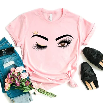 Moterų Blakstienų Rožinė Meno marškinėliai Mergina Camiseta Maquillaje Koszulki Makiažas Hipster Grafinis Marškinėlius Moterų Tumblr T-shirt,Lašas Laivas