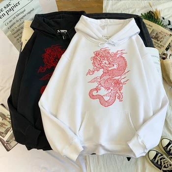 Moterų Hoodie Spausdinti Derliaus Harajuku Palaidinės Kinijos Viršūnių Žiemos Naujas Negabaritinių Hoodie Streetwear Prarasti Atsitiktinis Dragon Hoodie