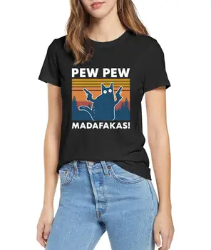 Moterų Juoda Katė Pew Pew Madafakas T-Shirt Girl Funny Cat Gangsteris Su Šautuvu Meme Retro Humoro Viršūnes Tee Moterų Drabužius,Lašas Laivas