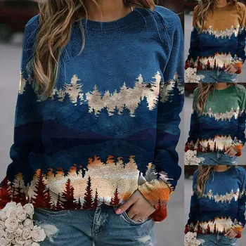 Moterų Kalnų spausdinti tie dažai Hoodies ilgomis rankovėmis Atsitiktinis Puloveriai Viršūnes Rudenį Plonas Lady Harajuku Streetwear Susagstomi megztiniai