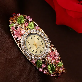 Moterų Laikrodžiai Šiuolaikinės Mados Rose Gold Bangle Kristalų Gėlių Apyrankė Kvarcinis Laikrodis kalnų krištolas Nerūdijančio Plieno Laikrodis Dovanų #c