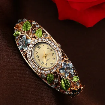 Moterų Laikrodžiai Šiuolaikinės Mados Rose Gold Bangle Kristalų Gėlių Apyrankė Kvarcinis Laikrodis kalnų krištolas Nerūdijančio Plieno Laikrodis Dovanų #c