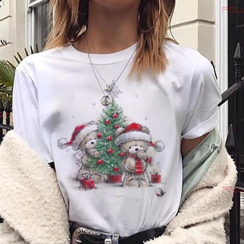 Moterų Mados Linksmų Kalėdų Spausdinti Naujos Mielas Lokys T Shirt Harajuku Trumpas Rankovės marškinėliai Balti, Tinkamas Visais metų laikais Tshirts