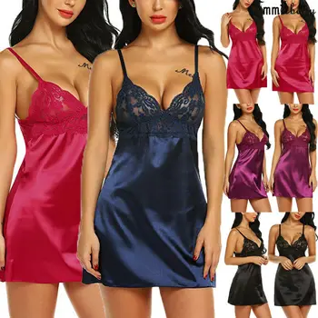 Moterų Naktį Trumpą Suknelę Pižamą Satino, Šilko, Nėrinių apatinis Trikotažas, Pižama Sleepwear