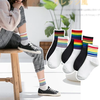 Moterų pasididžiavimas kojinės medvilnės vaivorykštė kojinės juokinga, spalvinga juostelės mados atsitiktinis korėjos kojinės harajuku juokinga šiltas elastinių kojinių paauglių