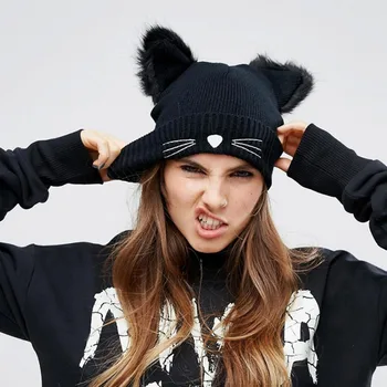 Moterų Skrybėlės Megzti Dangtelis Dirbtiniais Kailiais Kačių Ausys Moteris Beaines Žiemos Orui mados Hip-hop Gorras Skrybėlę Šiltas Atsitiktinis Ponios Beanies