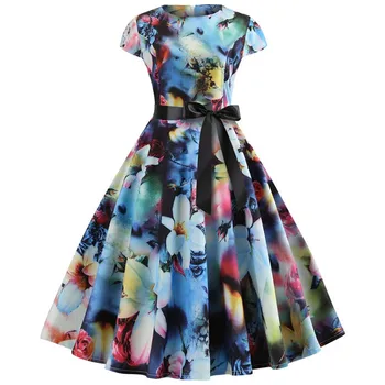 Moterų Vasaros Suknelė 2019 Gėlių Spausdinti Retro Vintage 1950 60s Atsitiktinis Šalies Office Skraiste Rockabilly Suknelės Plius Dydžio Vestido Mujer