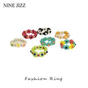 Multi-color Mažos Gėlės Žiedas korėjos Versija Rankomis austi Granulių Žiedas Ryžių Rutuliukai Žiedas Moterims Mergina Papuošalai Mažas Šviežias Stiliaus Žiedas