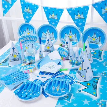 Mėlyna Princo Karūną Berniukas Vaikams Gimtadienio Prekių Apdaila, Vienkartiniai Indai, Popieriniai Plokštės Taurės Šiaudelius Berniukas Baby Shower Dekoras