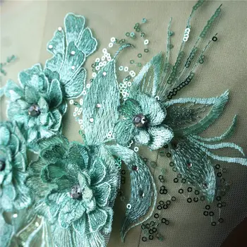 Mėtos žalumo 3D Gėlių Lapų Nėrinių Audinio China kalnų krištolas, Siuvinėta Suknelė Appliques Apykaklės Akių Siūti Pleistras, Vestuvių Dekoravimas