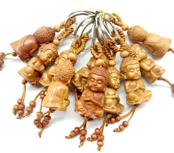 Natūralus raudonmedis trimatis graviravimas Berniukas buda medienos keychain Buda raktų žiedas papuošalai, dovana, vyrams ir moterims 1pc