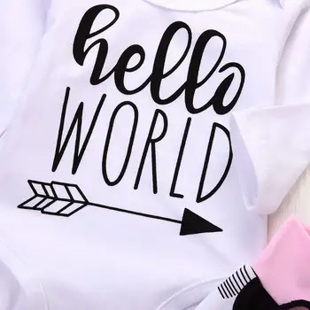 Naujagimio mergina drabužių rinkiniai, Raidžių spausdinti Labas Pasaulio Viršūnių Romper+gėlių Kelnės+Hat 3PCS Kūdikis, berniukas, mergaitė, drabužiai, apranga rinkiniai