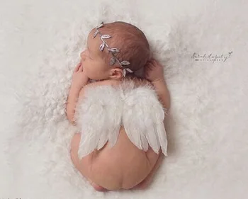 Naujagimio Photographie Drabužių Berniukas Mergaičių Balta Plunksna Angel Wing + Lapų Skrybėlės Fotografijos Prop Reikmenys Kūdikių