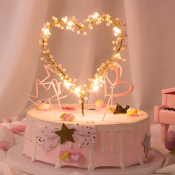 NAUJAS 1PC Širdies Formos LED Pearl Tortas Toppers Baby Happy Birthday Vestuvių Keksiukai Šalies Tortas Dekoravimo Priemonė Įvykio Prekes