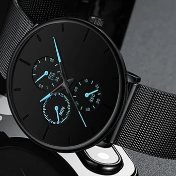 Naujas Elegantiškas Mens Watch Verslo Mėlyna Nerūdijančio Plieno Tinklelio Diržo Kvarco Riešo Žiūrėti Prabangių Vyrų Ultra Plonas Atsitiktinis Klasikiniai Laikrodžiai