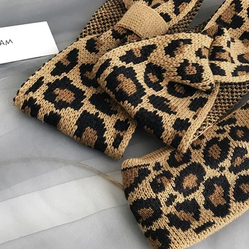 Naujas Mados Žiemą Šilčiau Megzti Kaspinai Moterų Leopard Bowknot Hairband Turbaną Nėrimo Platus Prašmatnus Plaukų Formavimo Priedai