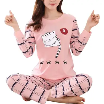 Naujas pajama nustatyti moterų žiemos Mielas Animacinių filmų Katės Spausdinti Pajama Nustatyti Moterys Du gabalus ilgomis Rankovėmis Sleepwear Moteris Sleepwear Moterų 2020 m.