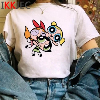 Naujas Powerpuff Girls Kawaii Anime Marškinėliai Moterims Mielas Juokingas Animacinių filmų T-shirt Vasaros Mados Marškinėlius 90s Grafinis Viršuje Tees Moteris