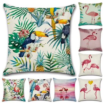 Naujas Tropinių Augalų Flamingo 45*45cm Pagalvėlė Padengti Lino Mesti Pagalvę Automobilių, Namų Dekoravimo, Dekoratyvinių pagalvių užvalkalai