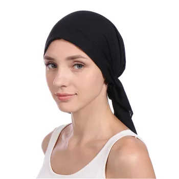 Naujos elastinės medvilnės vientisos spalvos apvyniokite galvą skara Skrybėlės musulmonų turbaną variklio dangčio moterų Vidinis Hijab Skrybėlių mados moterų turbantes kepurės