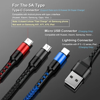 Nohon 5A 3 in 1 USB Cable for iPhone Įkroviklio Greito Įkrovimo Micro USB C Tipo Kabelis Xiaomi 8 Pin Lightning Laidą