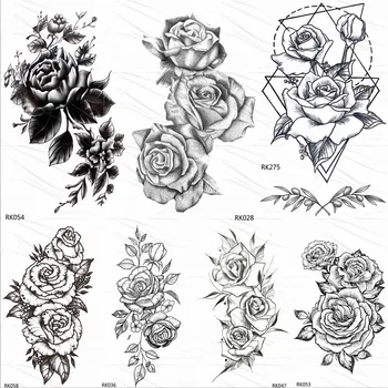 OMMGO KARŠTO 3D Juodosios Chnos Gėlių, Rožių Laikinos Tatuiruotės Mergaičių Moterų Tatuiruotė Lipdukas Lapų Užsakymą Didmeninė Tatoos Body Art Rinkinys