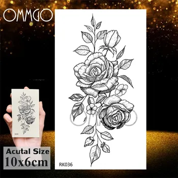OMMGO KARŠTO 3D Juodosios Chnos Gėlių, Rožių Laikinos Tatuiruotės Mergaičių Moterų Tatuiruotė Lipdukas Lapų Užsakymą Didmeninė Tatoos Body Art Rinkinys