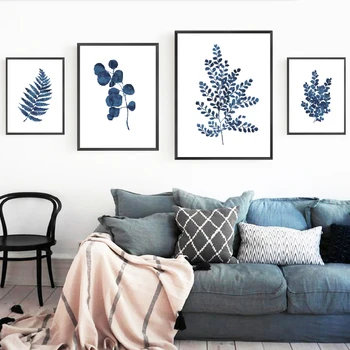 Paparčio Plakatų ir grafikos, Akvarelės Rašalo Mėlyna Indigo Lapų Drobės Tapybos Botanikos iliustracija Maidenhair Namo Sienos Meno Dekoro