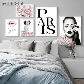Pink Gėlių Kvepalai Mados Plakatas Lady Lūpų Paryžiaus Spausdinti Drobė Meno Tapybos Sienos Nuotrauka Šiuolaikinės Mergina Kambaryje Namų Puošybai