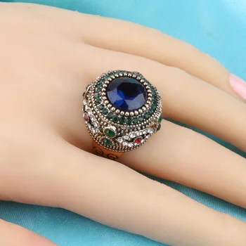 Prabangaus Dubajaus Aukso Big Blue Akmens Žiedas, Mozaikos, Spalvingos Crystal Crown Vestuviniai Žiedai Moterims Derliaus Boho Pareiškimą Papuošalai
