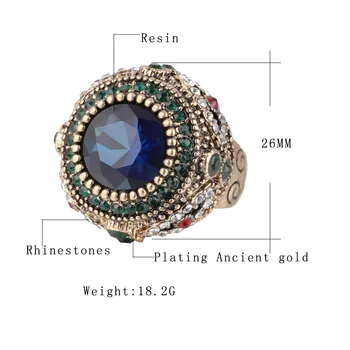 Prabangaus Dubajaus Aukso Big Blue Akmens Žiedas, Mozaikos, Spalvingos Crystal Crown Vestuviniai Žiedai Moterims Derliaus Boho Pareiškimą Papuošalai