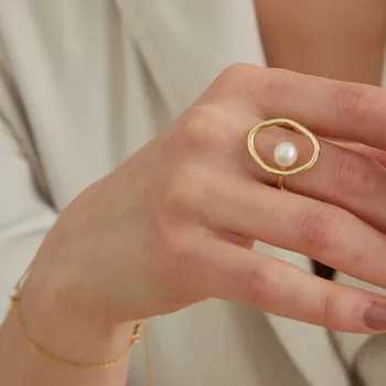 Prašmatnus, Stilingas Aukso Tonas Ratas Dirbtiniais Pearl Piršto Žiedą, Moterims 2019 Trumpas, Kietas Geometrijos Indeksas Žiedas Femme Bijoux