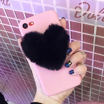 Puikus 3D Furry Meilės Širdis Mielas plaukų Telefono dėklas 