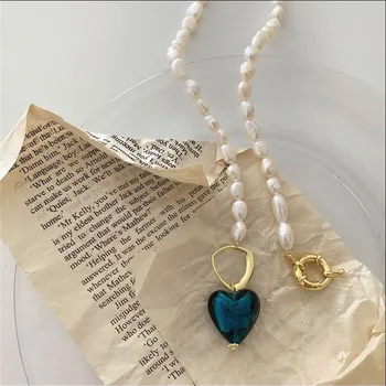 Retro Baroko Nereguliarus Natūralių Perlų Karoliai Moterims, Mėlynos, Žalios Spalvos Stiklo Širdies Pakabukas Chokers Karoliai Vestuvių Papuošalai