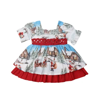 Retro Vaikams Kalėdų Princesė Dress Baby Girl Santa Claus Spausdinti Sluoksniuotos Rankovėmis Nėriniai Atgal Lankas Šalies Swing Suknelė