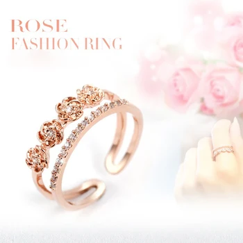 Romantiška Rožinė Aukso Gėlių Žiedai Kristalų Keturių Rose Vestuvių Žiedai Ir Vestuvių Mielas Žavinga Vestuvinis Žiedas Papuošalai