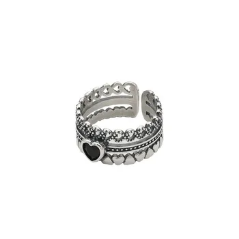 S925 sterlingas sidabro žiedai moterims juoda širdies piršto atidarykite reguliuojamas žiedo madinga vintage bauda jelwery