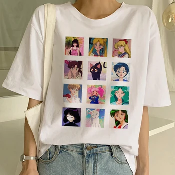 Sailor Moon Kawaii Estetinės Marškinėliai Moterims Harajuku Naujas Trumpas Rankovės 90s Ulzzang T-Shirt Cute Kačių Marškinėlius Animacinių filmų Top Tees Moteris