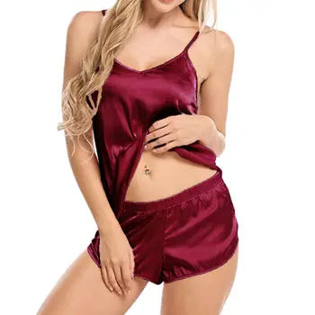 Seksualus Apatinis Trikotažas Moterims Laisvalaikio Cami Šortai Vasarą Kieto Satino Babydoll Sleepwear Pajama Komplektai