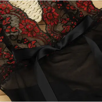 Seksualus Juodos spalvos Nėriniai Moterų Mini Naktį Suknelė Skraiste Babydoll Apatiniai, naktiniai drabužiai + G-string Moterų Pižamą Sleepwear