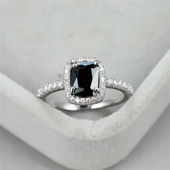 Senovinių Moterų Crystal Black Akmens Žiedas, Sidabro Spalvos Plonas Vestuviniai Žiedai Moterų Mados Aikštė Cirkonis Vestuvinis Žiedas
