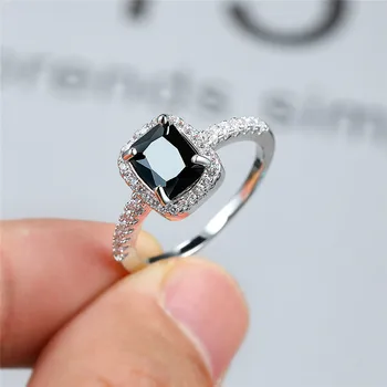 Senovinių Moterų Crystal Black Akmens Žiedas, Sidabro Spalvos Plonas Vestuviniai Žiedai Moterų Mados Aikštė Cirkonis Vestuvinis Žiedas