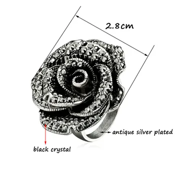 SINLEERY Retro Big Black Crystal Rose Gėlių Žiedai Moterims Derliaus Antikvariniai Sidabro Spalvos Vestuvių Papuošalai Naujo Dizaino Jz172 SSI