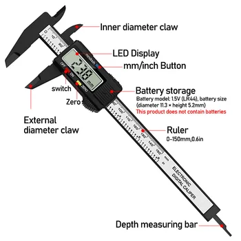 Skaitmeninis Vernier Suportas 0-150mm 6-colių LCD Elektroninių Anglies Pluošto Aukščiamačio Mikrometro Matavimo Įrankis