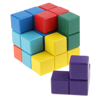 Spalvingos Medinės Dėlionės Dėžutėje Mediniai Soma Kubo Krovimas Žaidimai su 7 Spalvinga Plytų Smegenų Erzinti Žaislas