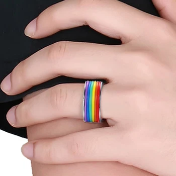 Spalvotų Vyrai Moterų Spalvinga Vaivorykštė LGBT Pulsera Žiedas iš Nerūdijančio Plieno Vestuvių Juostoje Lebian & Gėjų Žiedai Lašas Laivybos