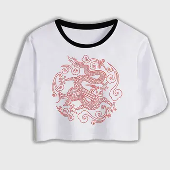 Streetwear Viršūnes moteriški marškinėliai Ulzzang Harajuku Derliaus Kinijos Red Dragon Print T-shirt Vasarą Pasėlių Viršuje Atsitiktinis Marškinėliai Moterims