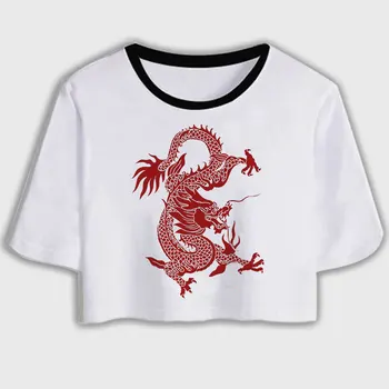 Streetwear Viršūnes moteriški marškinėliai Ulzzang Harajuku Derliaus Kinijos Red Dragon Print T-shirt Vasarą Pasėlių Viršuje Atsitiktinis Marškinėliai Moterims