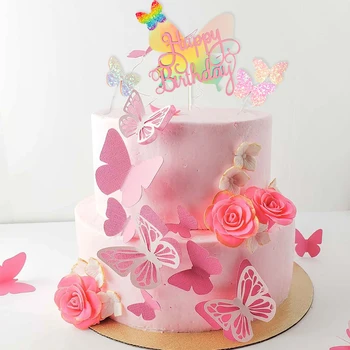Su gimtadieniu tortas topper rožinės spalvos drugelio formos tortas toppers nustatyti kūdikio mergina gimtadienio tortas dekoro baby shower papuošalai