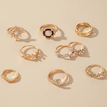 Tocona Bohemijos 9pcs/rinkiniai Blizga Saulės Gyvatės Žiedas Rinkiniai Moterims, Prabangūs Krištolo Akmens Lapų Geometrinis Vestuvių Žiedas, Papuošalų 15740